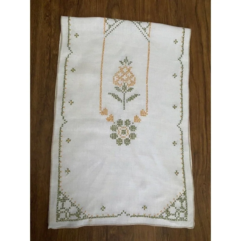 Vintage 1960s Linen Embroidered Floral‎ Cross Stitch Handmade Table Runner 14x42